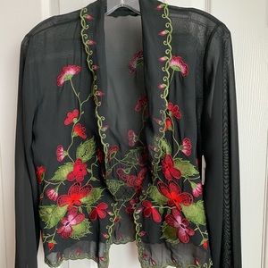 Le Chateau Black and Floral Long Sleeve Embroidered Top